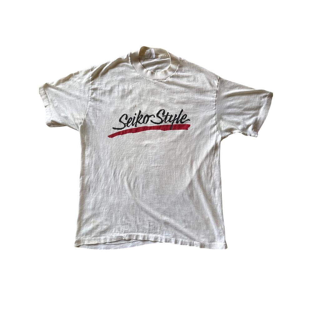 Vintage Seiko Style USA Made Omega Single Stitch Paper Thin White XL* T-Shirt
